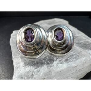 Vintage Sterling Silver Amethyst Modernist Stud Earrings